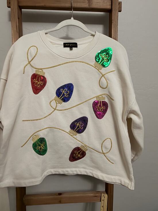 State of Mine Tops - Christmas Crewneck Sweatshirt- with sequin lights and gold trim- L